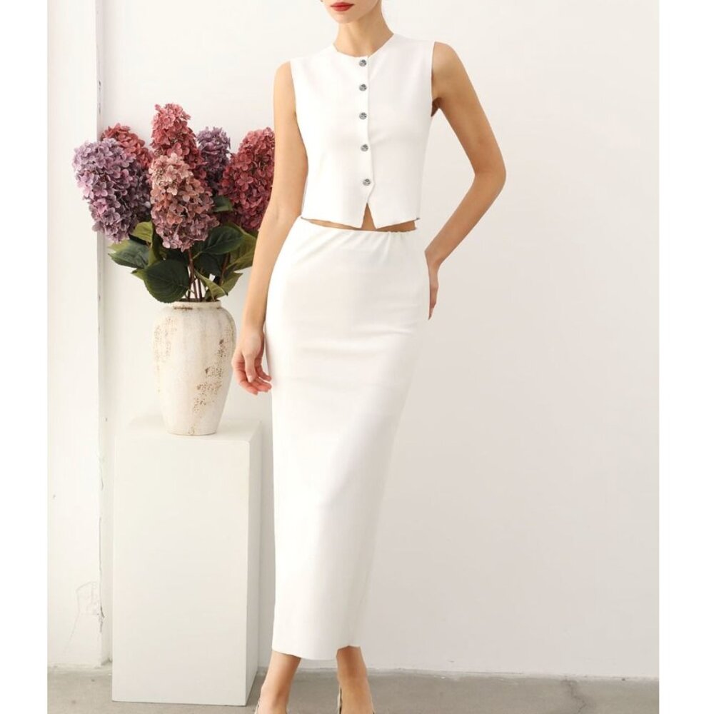 CHICWISH - Button Down Crop Vest and Maxi Skirt Set in White - SMALL